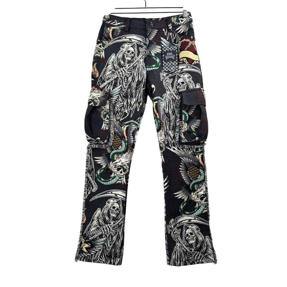 Rebel Vengeance Tapestry Cargo Pants sz‎ 30 Grim Reaper Tattoo Print goth